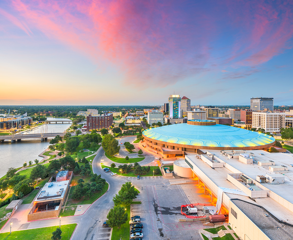 wichita aerial shot with colorful clouds